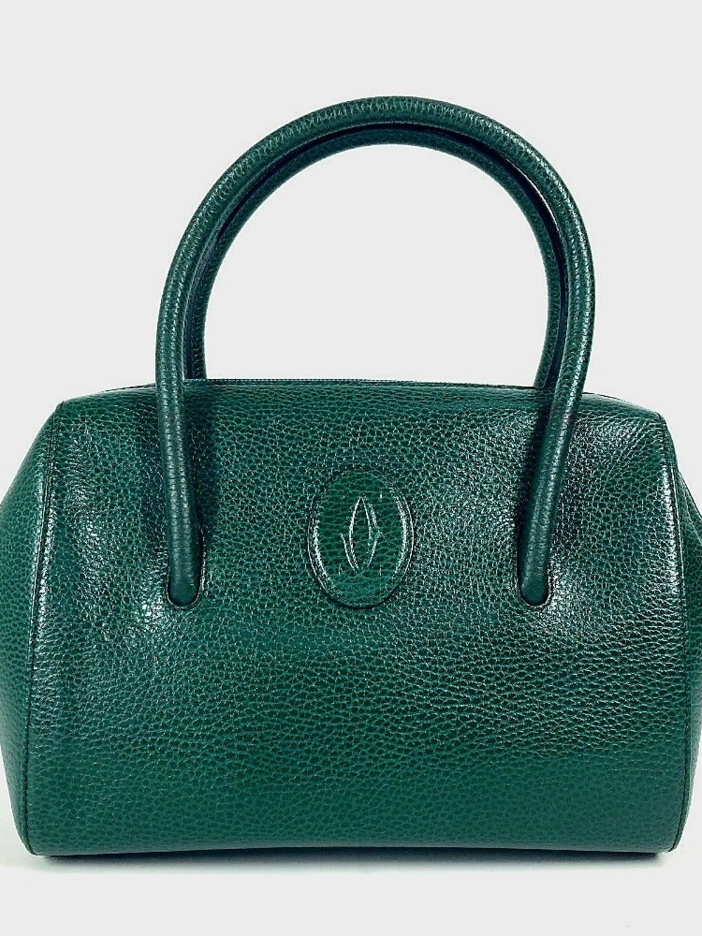 CARTIER Vintage Green Pebbled Calfskin Boston Bag Double C Logo France Unused